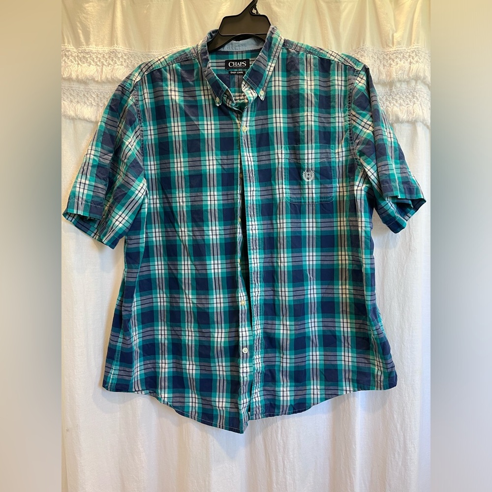 Chaps Men's Teal and Navy Plaid Shirt